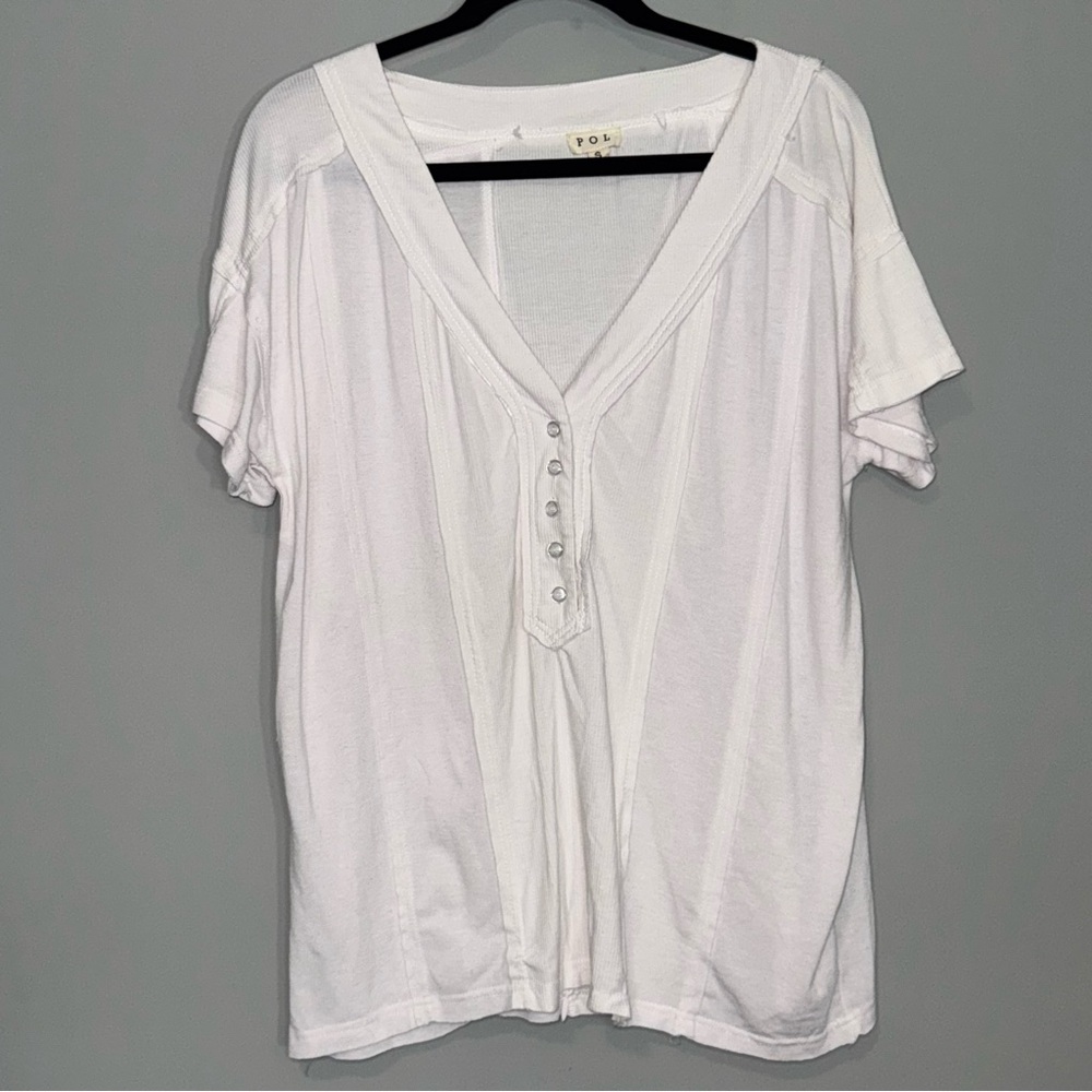 POL Pale Pink Ribbed Henley V-Neck Short Sleeve Top Womens‎ Size Small